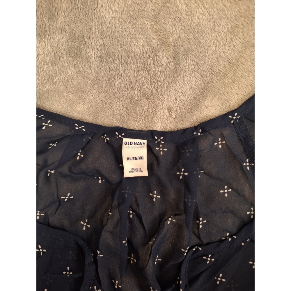 Old Navy Sheer Top Womens XL Navy Blue Buttons Short Sleeve Front Tie Blouse